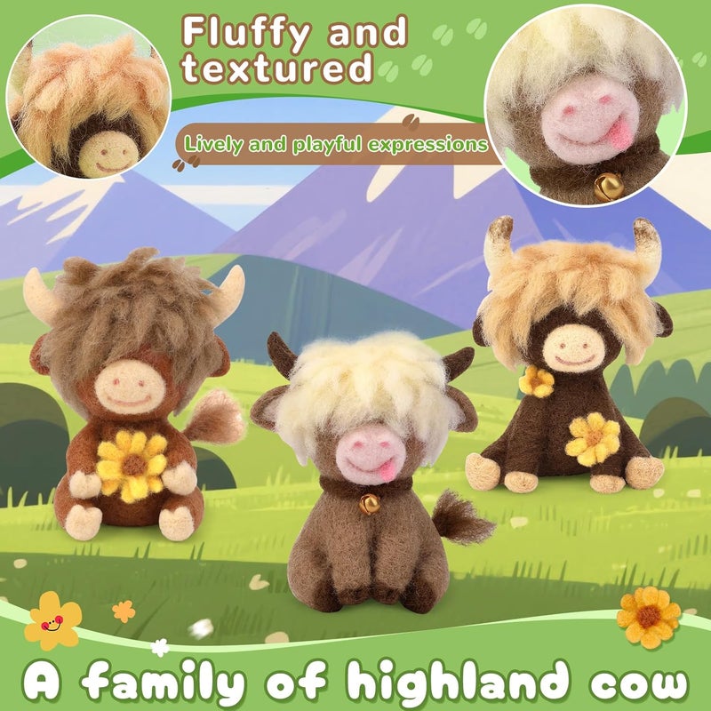 Yizzvb Needle Felting Kit, Highland Cow Family Needle Felt Beginner Kits with Instruction, Wool, Felting Needles, Felting Pad, Wool Felting Kits for Beginners Home Decoration - Image 4
